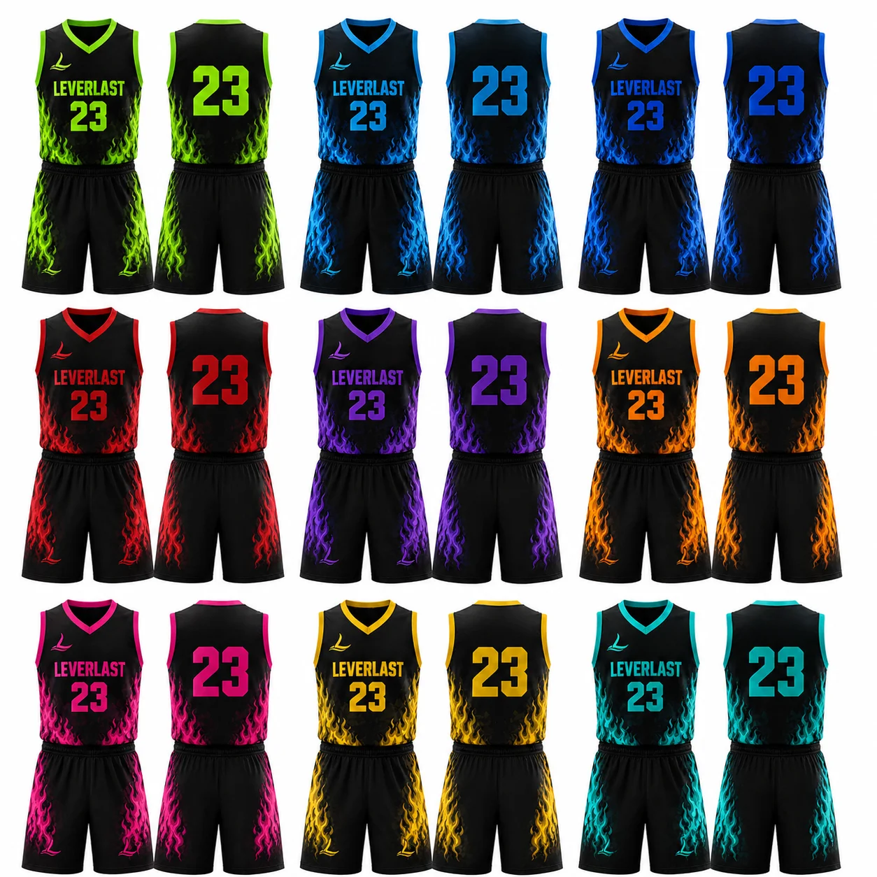 Leverlast Flame Custom Basketball Uniform Set – Sublimated Jersey & Shorts | Neon Fire Design Team Kit