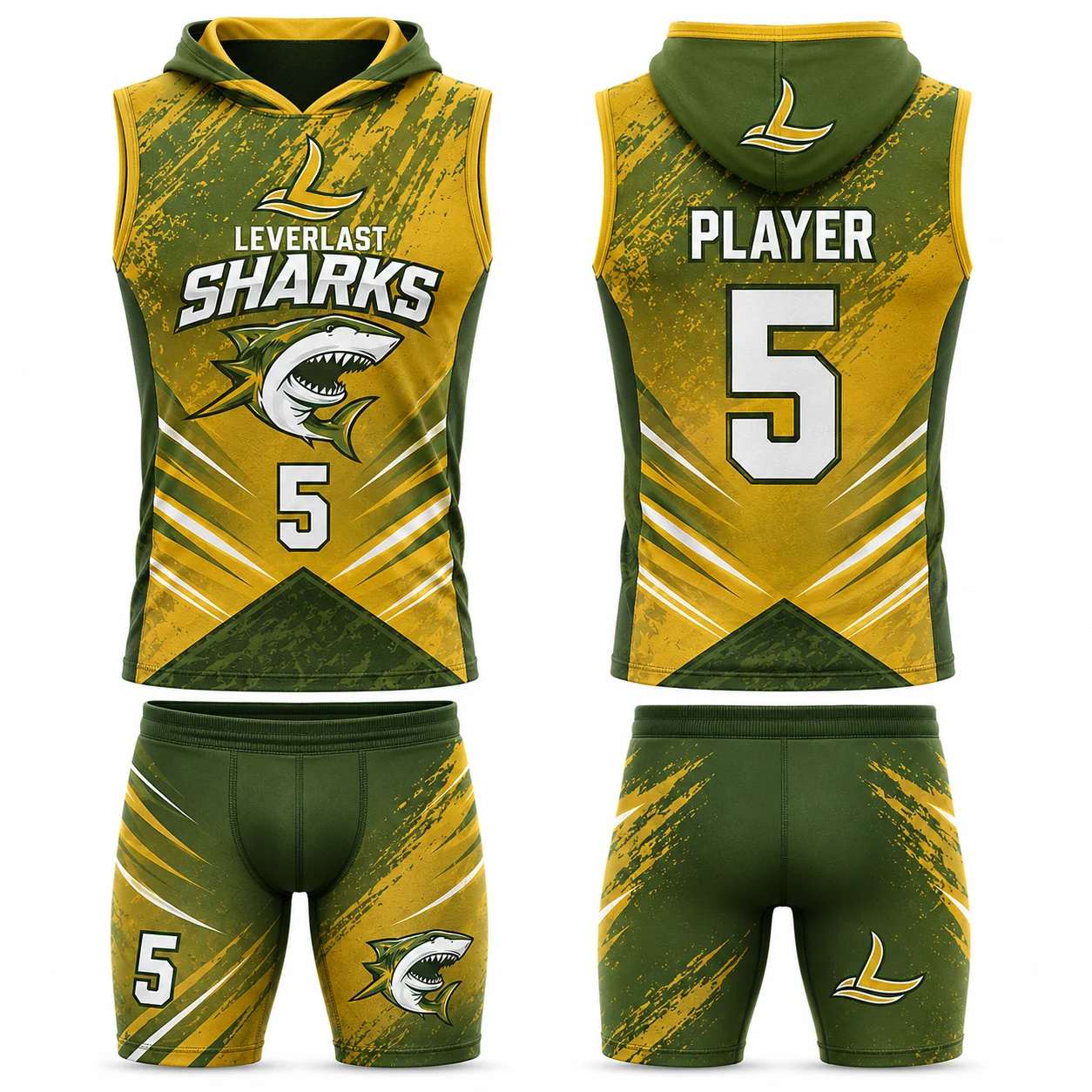 Custom 7v7 Football Uniform | Sleeveless Hooded Compression Jersey & Shorts | Fully Sublimated Team Uniform | Leverlast
