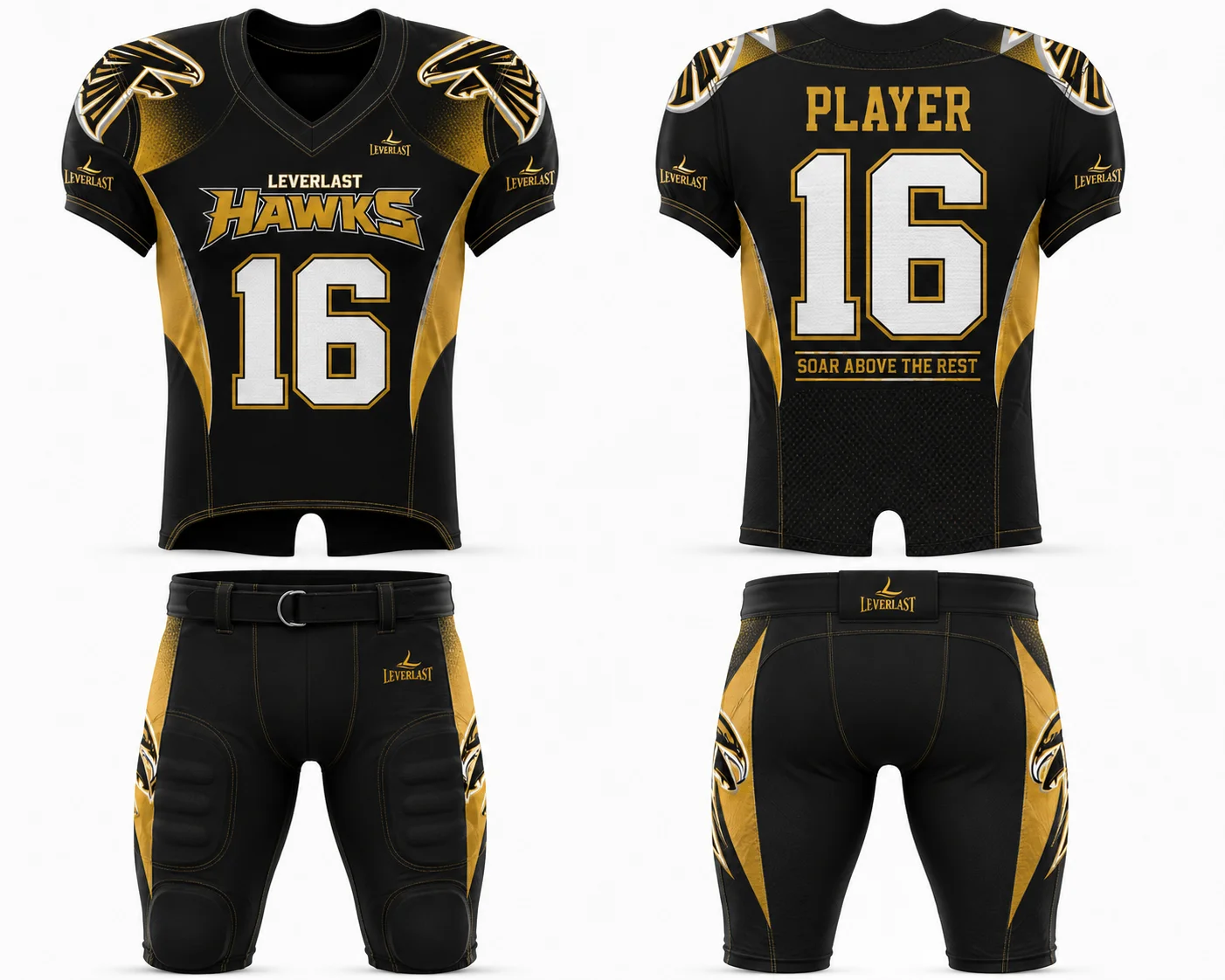 Custom Black & Gold American Football Uniform – Leverlast Hawks | Premium Tackle Football Jersey & Pants