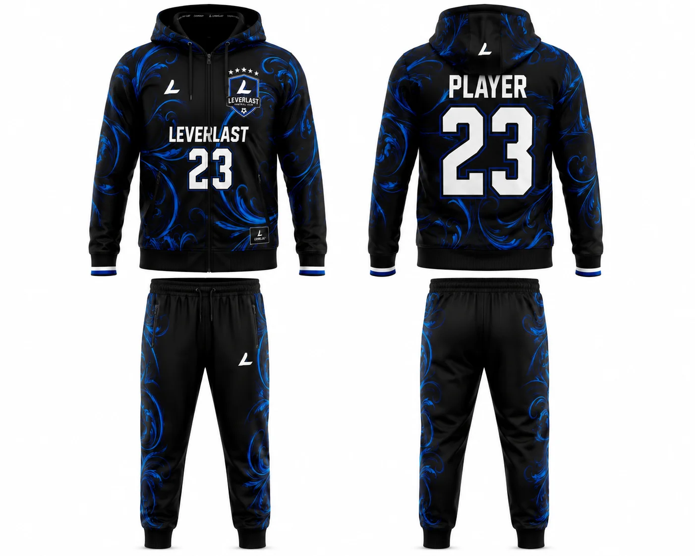Custom Black & Royal Blue Zip-Up Tracksuit | Personalized Sublimated Team Hoodie & Athletic Pants | Leverlast