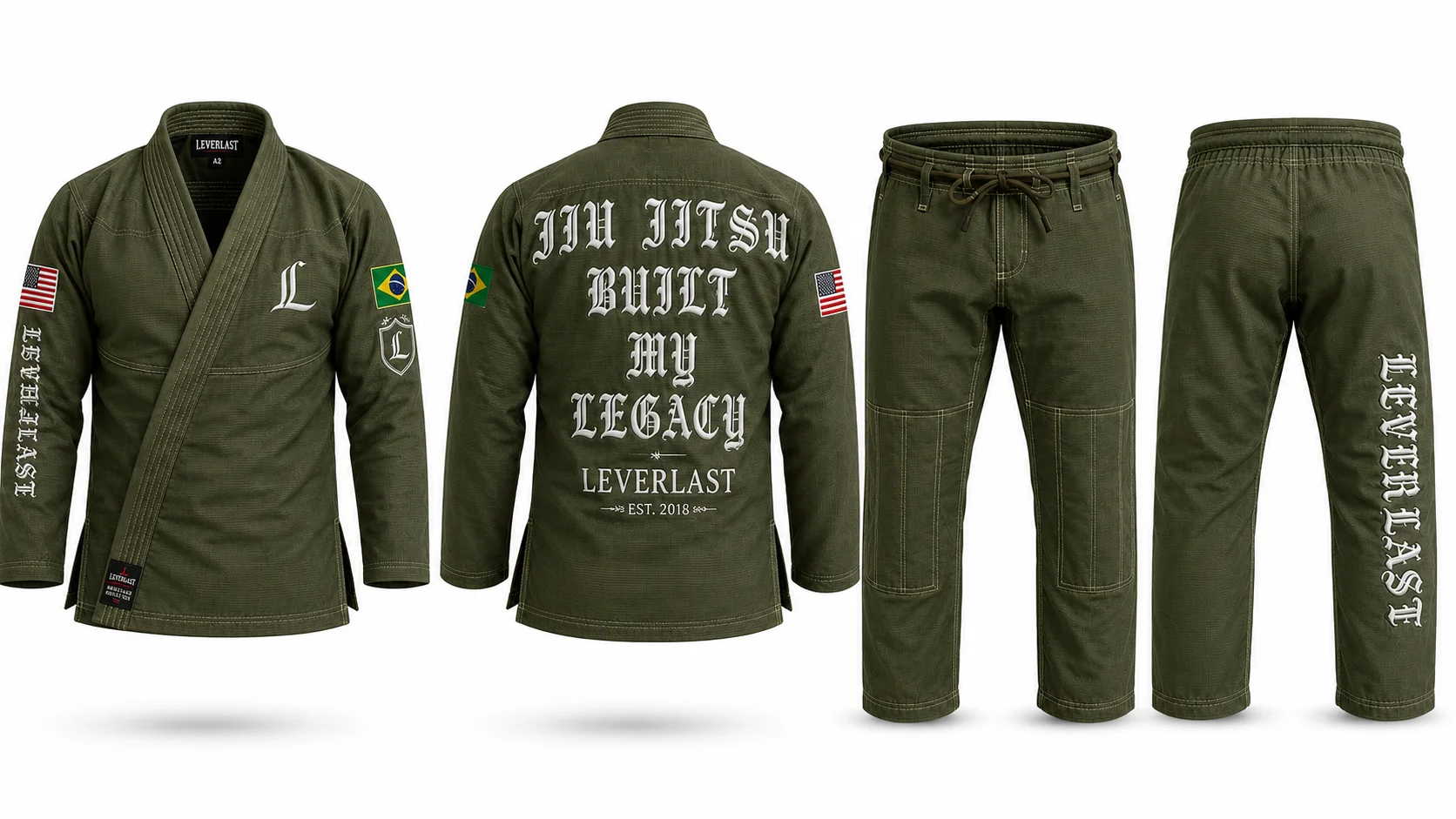 Leverlast Heritage Army Green BJJ Gi – Premium 450 GSM Pearl Weave Brazilian Jiu-Jitsu Kimono with Ripstop Pants