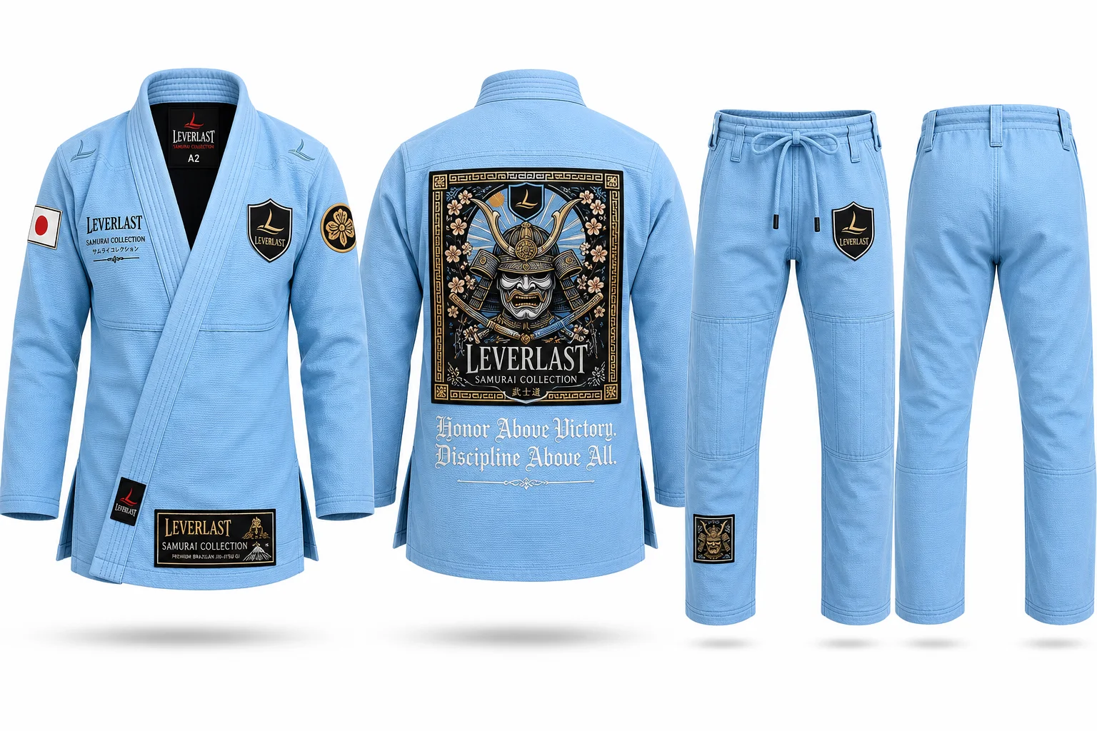Leverlast Sky Blue Samurai BJJ Gi – Premium 450 GSM Pearl Weave Brazilian Jiu-Jitsu Kimono with Embroidered Samurai Back Patch
