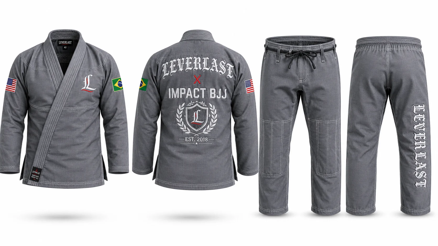 Leverlast Impact BJJ Gi – Premium Gray Brazilian Jiu-Jitsu Kimono | 450 GSM Pearl Weave Competition Gi with USA & Brazil Flag Embroidery