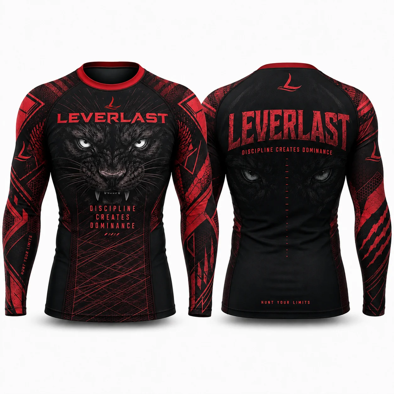 Leverlast Predator Mindset Red Long-Sleeve MMA Rashguard – Custom Black Panther BJJ No-Gi Grappling Compression Shirt