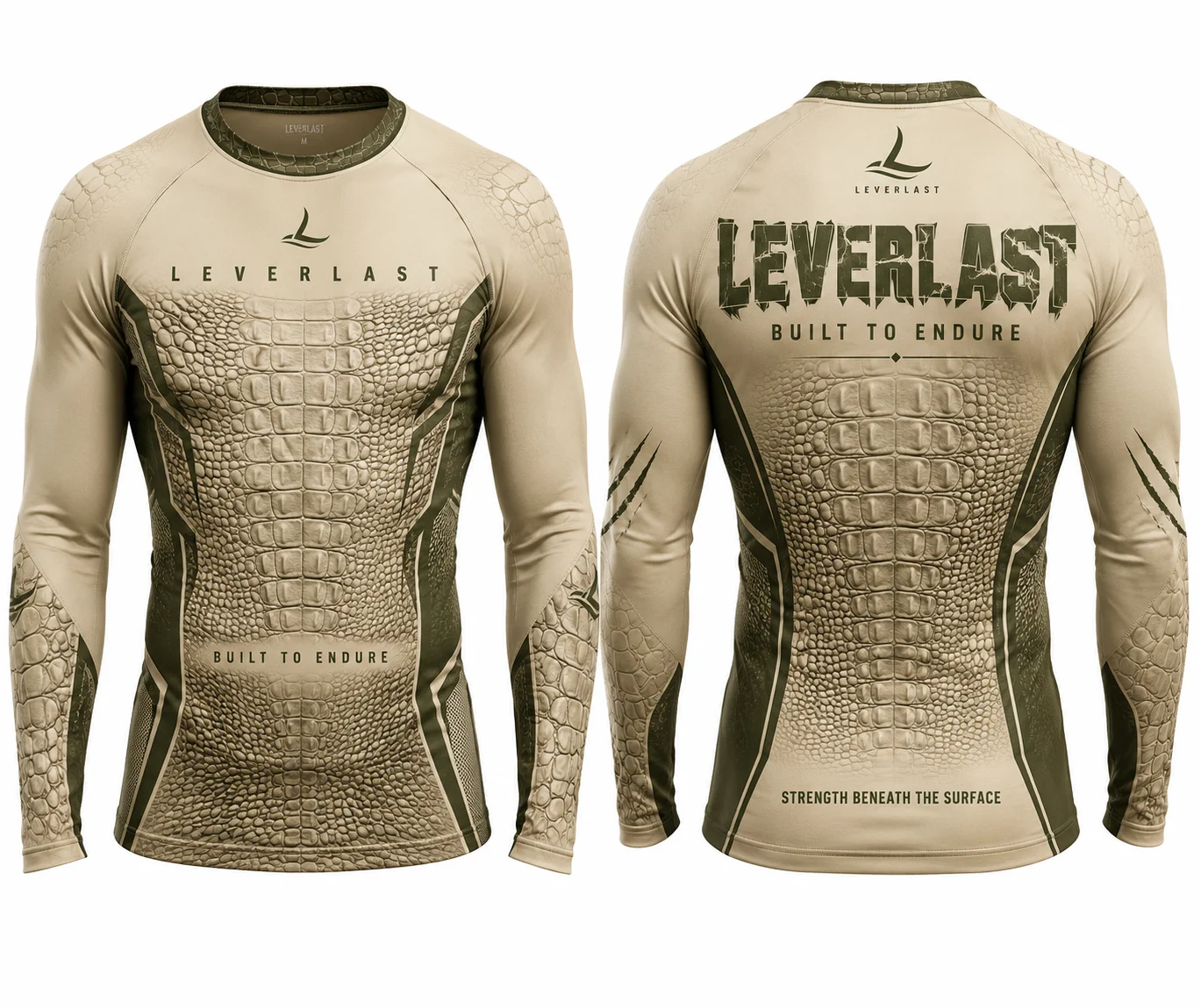 Leverlast Crocodile Armor Beige & Dark Green Long-Sleeve MMA Rashguard – Custom BJJ No-Gi Grappling Compression Shirt